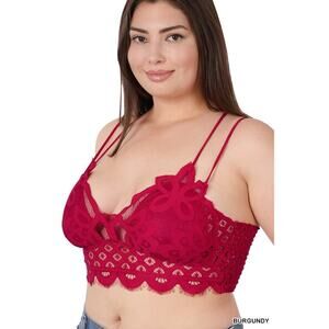 1X Burgundy Lace Bralette with Bra Pads Zenana double adjustable straps smocked
